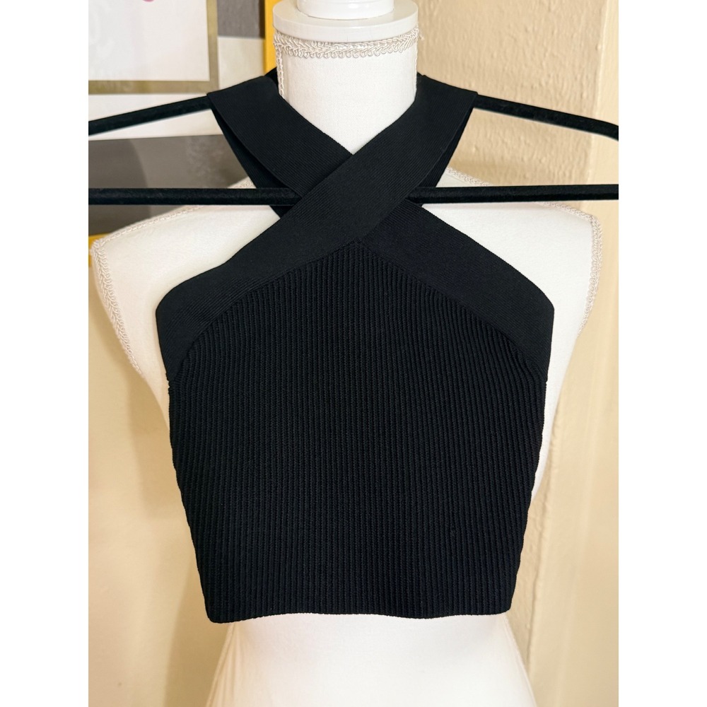 Babaton Black Criss Cross Halter Ribbed Knit Crop Top 2XS